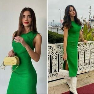 Zara Vibrant Green Tweed Midi Dress